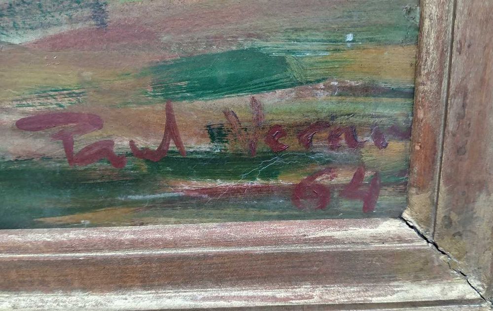 Tablou vechi - plimbare pe malul raului - semnat Paul Verona