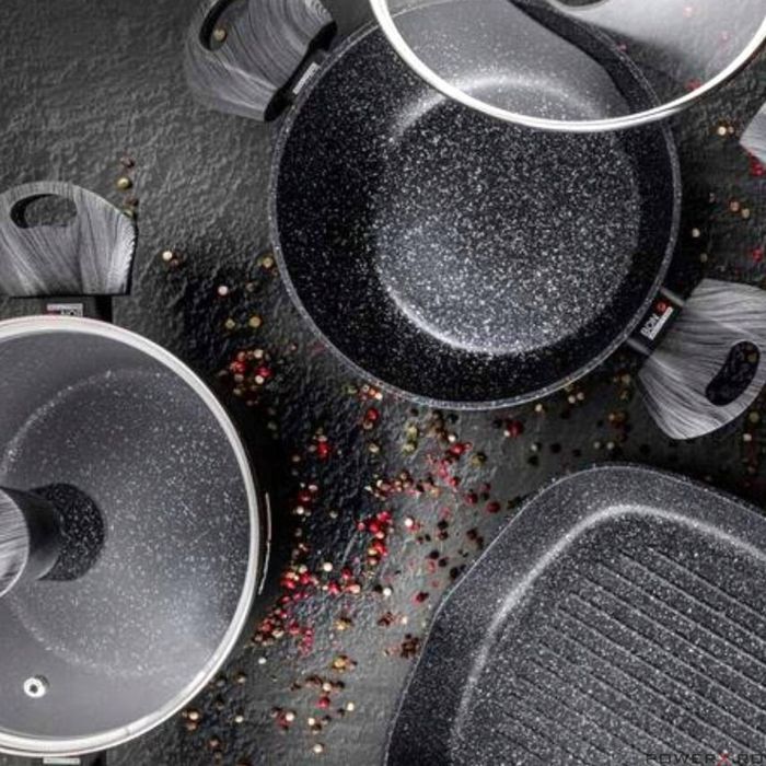 Oala din aluminiu cu invelis din marmura, cu capac din sticla, 28cm,