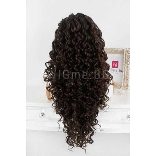 Дълга къдрава тъмнокестенява лейс фронт перука Пенелопе