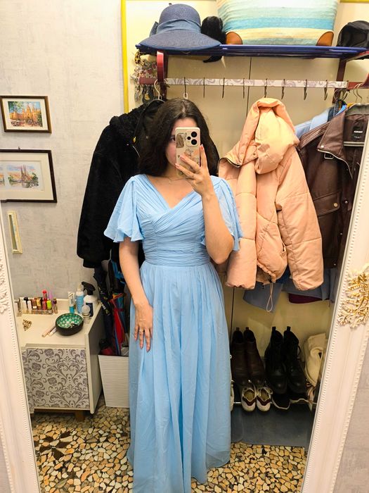 Официална светлосиня рокля, дълга с корсет