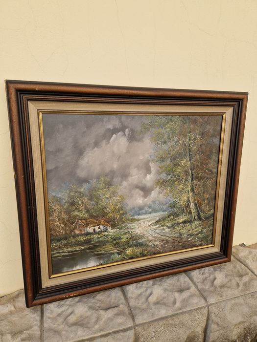 Прекрасна стара белгийска авторска картина масло върху платно