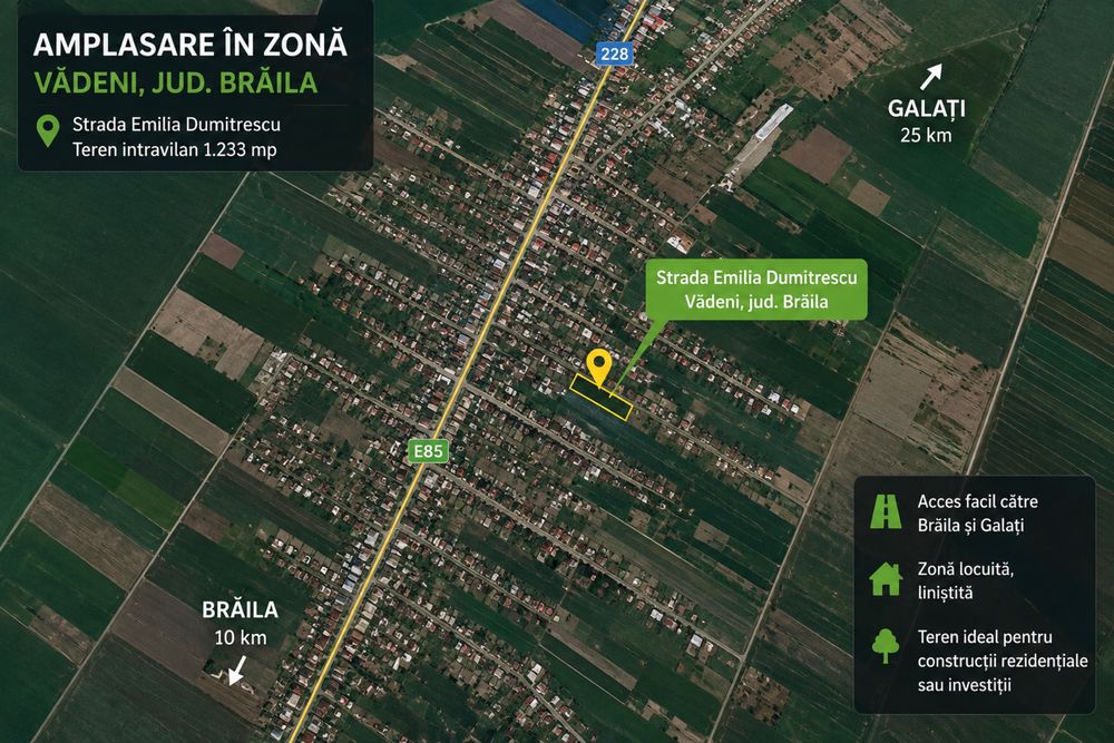 Teren intravilan 1.233 mp Vădeni, Brăila – acces asfalt – proprietar