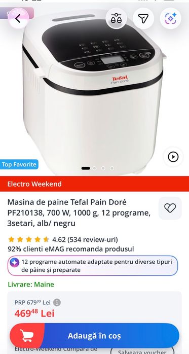 NOUA-Masina de paine Tefal Pain Doré PF210138, 700 W, 1000 g, 12 programe, 3setari, alb/ negru