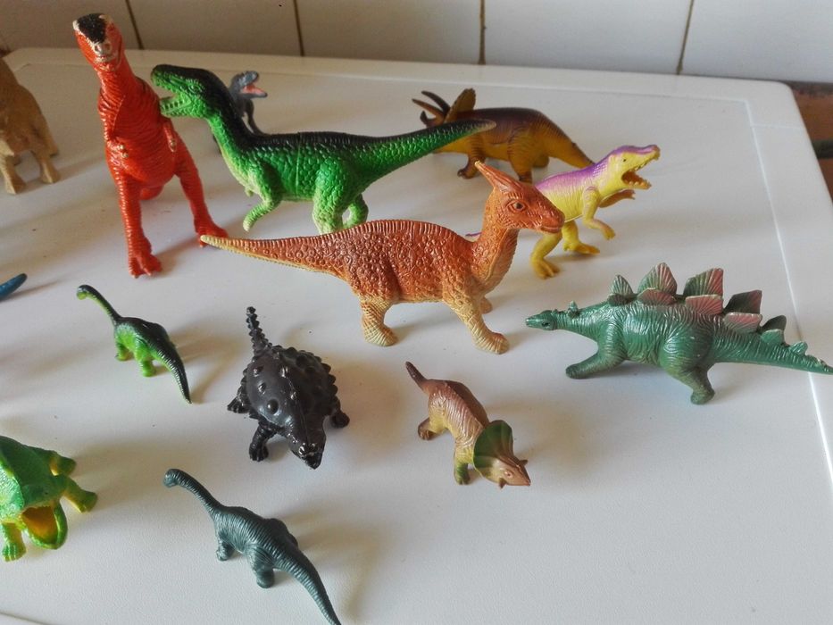 Две стари картини графика , пластмасови животни и ламаринен луноход .