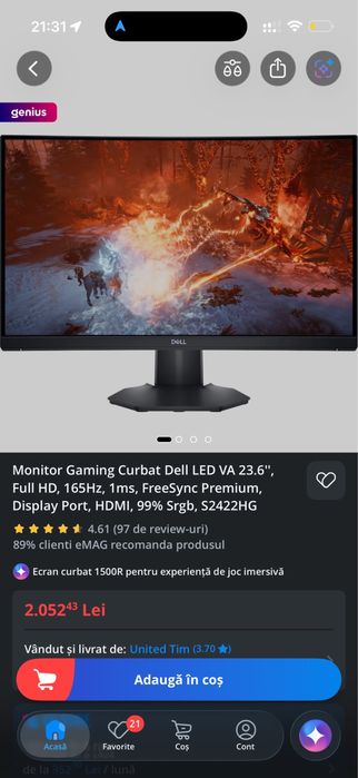 Monitor DELL Gaming Curbat 165hz 1ms 23,6inch