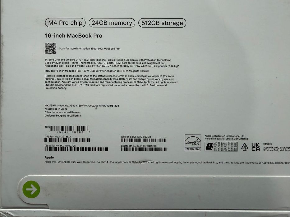 ЧИСТО НОВИ MacBook Pro 16" M4 PRO Chip 14-CPU/20-GPU/24RAM/512GB SSD