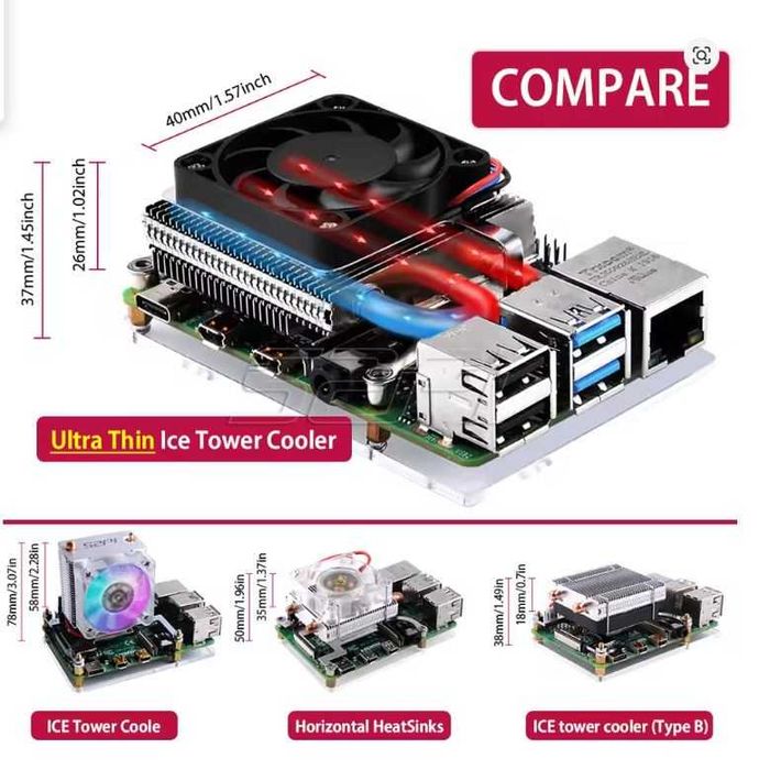 52Pi ултратънък ICE охладител на процесора тип кула за Raspberry