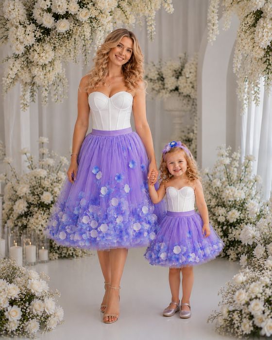 Set fuste tulle mama & fiica, mov lila, cu petale 3D si bentita inclusa
