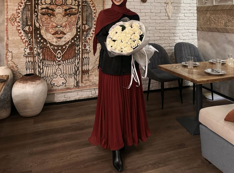 Бордовая плиссе юбка на резинке