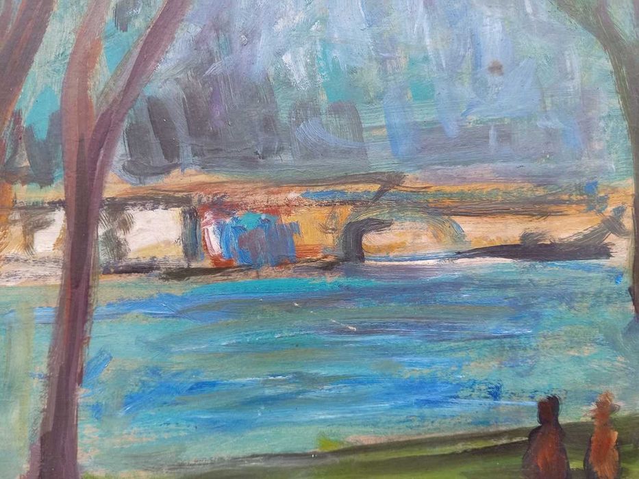 Tablou vechi - plimbare pe malul raului - semnat Paul Verona