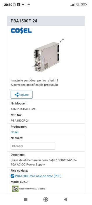 Sursa in comutați Cosel PBA 1500F-24