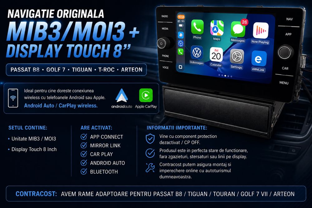 Navigatie MIB3/MOI3 + Display Passat Golf Tiguan T-Roc CarPlay Android