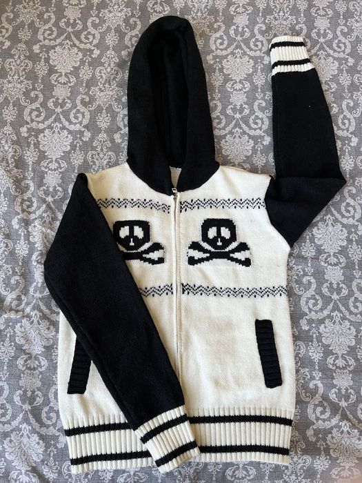 Y2k Плетен пуловер черно-бял с цип и качулка