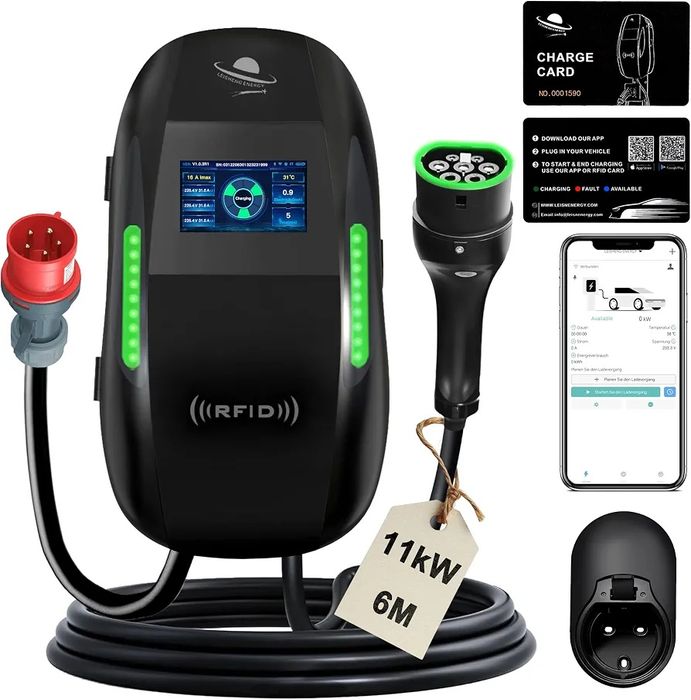 11kW зарядна станция, 3-фазна, WiFi, Type 2, 6м кабел, 2х RFID карти за достъп, LEISHENG ENERGY Wallbox