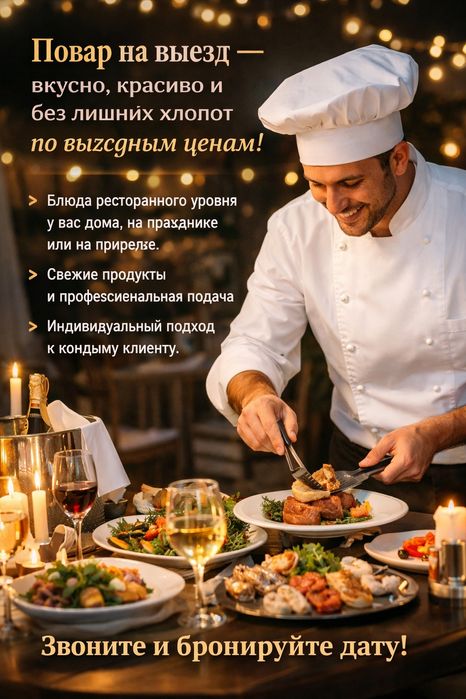 Oshpaz Xizmati (Услуги Повар) Выездной Повар
 

Повар на выезд — вкусн