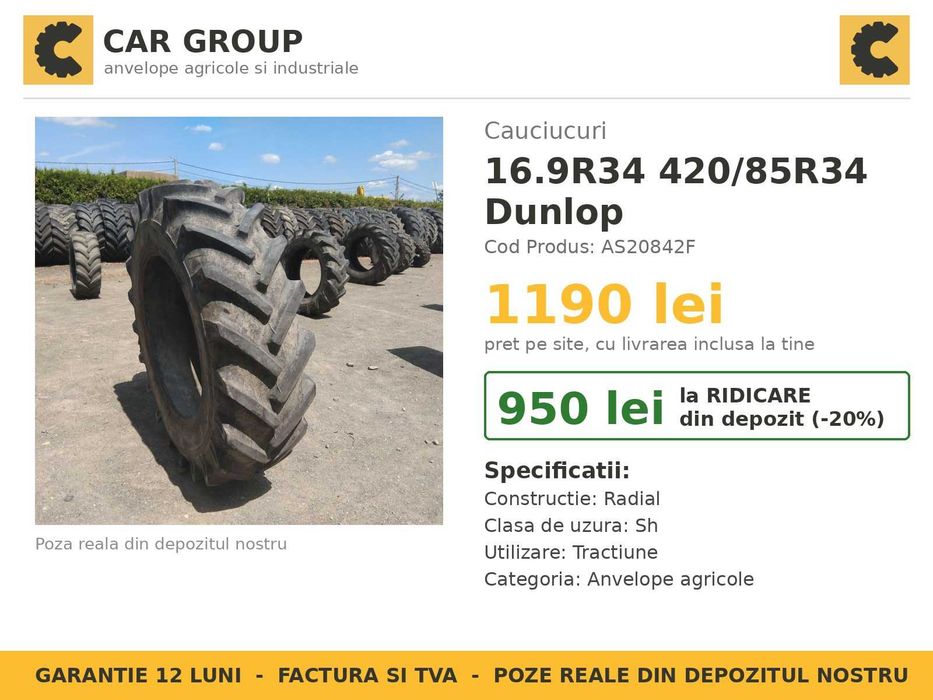 Cauciucuri 16.9R34 420/85R34 Dunlop Anvelope Tractor SH IEFTIN