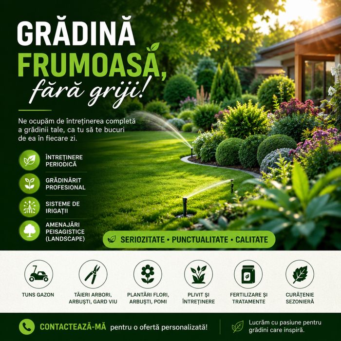 Întreținere grădini și spații verzi | Abonamente lunare | Irigații | Landscape | Tuns gazon | Tratamente plante