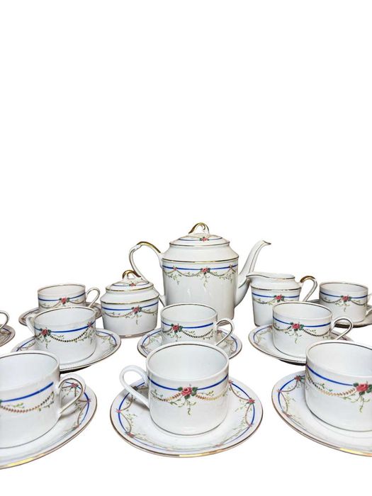 Set ceai porțelan Bavaria, 12 persoane, decor floral și margini aurii