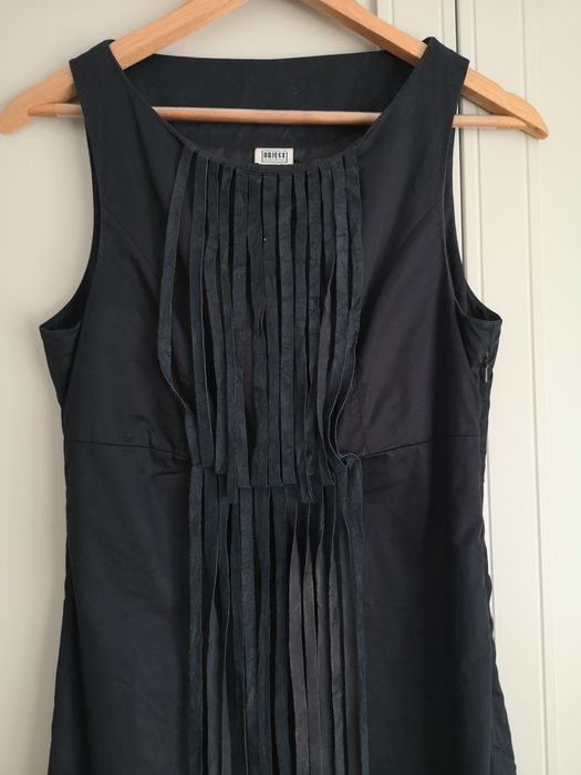 Rochie ocazie cu franjuri din piele, neagra, marime XS
