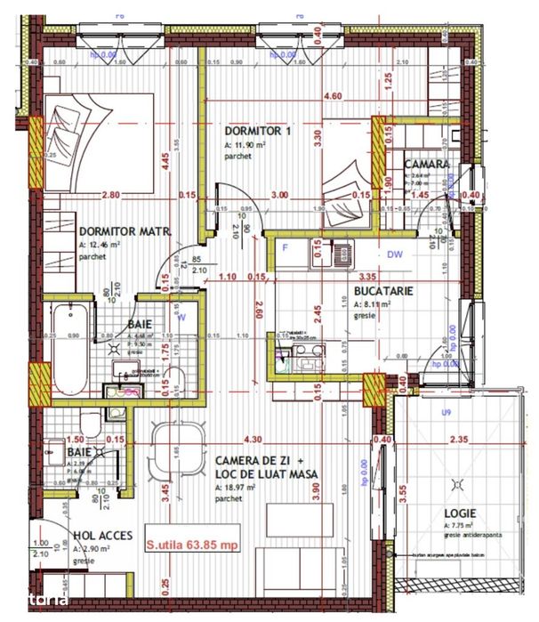 Apartament de 3 camere, 63.85mp, Semifinisat,zona Tineretului,Floresti