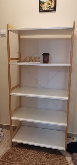 Бяла етажерка с бамбук, 5 нива