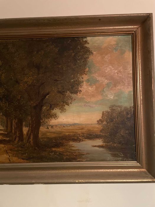 Tablou Vechi Ulei pe Panza - Peisaj Rural Semnat, Anul 1953