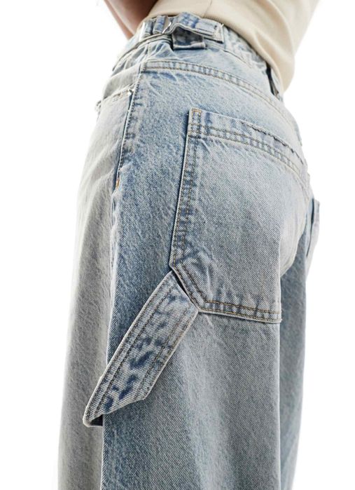 Bershka Дънки Adjustable Wide-Leg Balloon Carpenter Светлосини