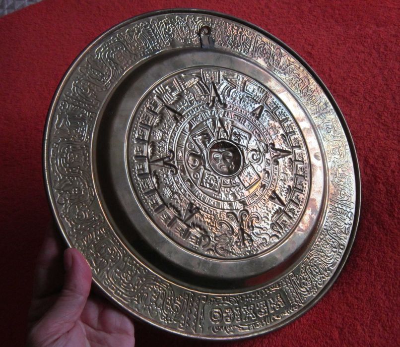 cadou rar Plate Calendar Aztec Maya bronz pictat email Mexic 1980
