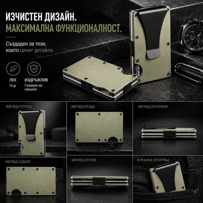 Минималистичен RFID защитен портфейл с щипка за банкноти