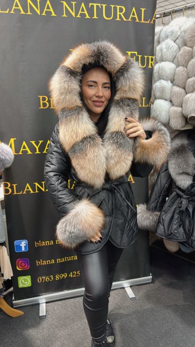 Geaca din fas impermeabila,accesorizata cu blana naturala premium