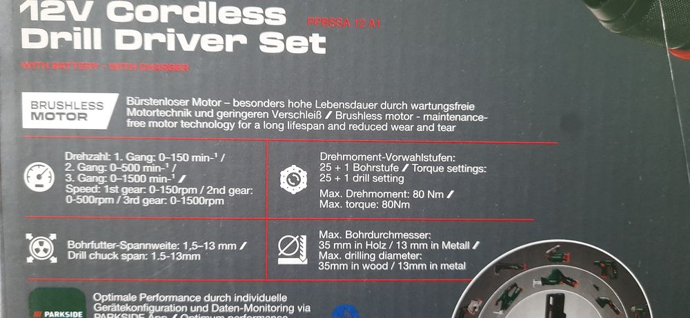 Bormasina 80Nm/12V  cu display/afisaj parkside