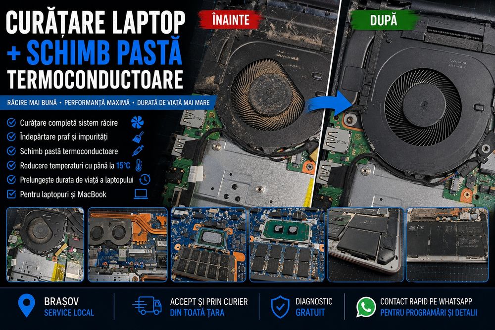 Curățare laptop + schimb pastă termoconductoare Brașov