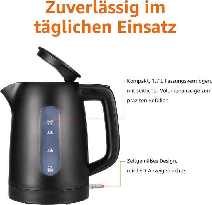 Кана Amazon Basics 1.7 л, 2200 W, без BPA с 360° основа, автоматично изключване и подвижен филтър за котлен камък, матово черно