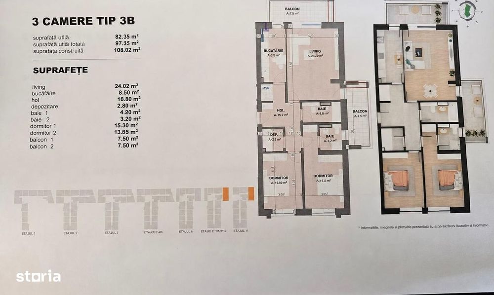 3 camere | 97 mp | Etaj 8 | Doi Cocosi Residence