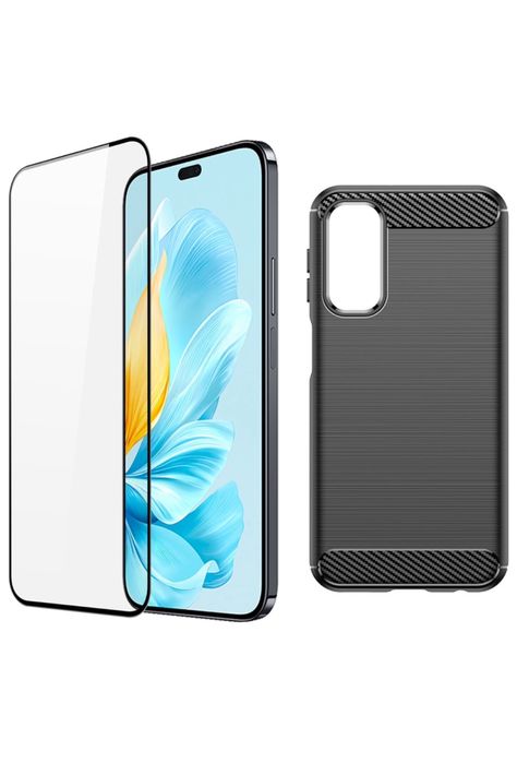 Husa Insertie Carbon  +Folie Sticla/Silicon Curbata Honor 200/LITE/PRO