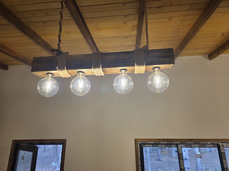 Ръчно изработен индустриален полилей от масивно дърво | LED Edison | Loft стил