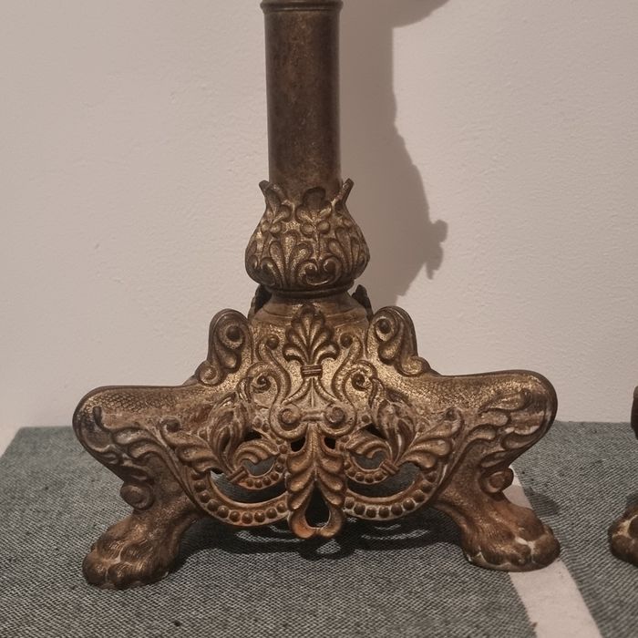 Pereche sfeșnice vechi din bronz și alamă, 45 cm, stil baroc / rococo