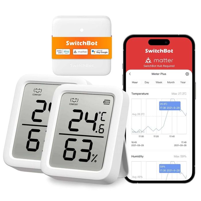 Комплект SwitchBot: 2x Смарт Термометър (3" Екран) + Hub Mini Matter