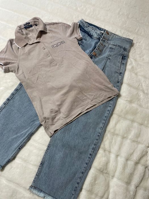 Дамски дънки с висока талия в ретро стил + подарък тениска !