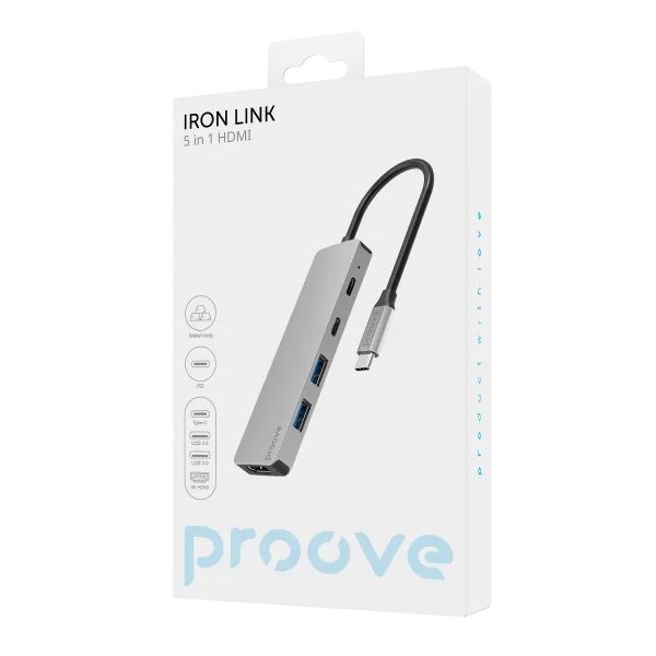 USB-C хъб Proove Iron Link 5в1 (HDMI, USB 3.0, PD) - нов, запечатан