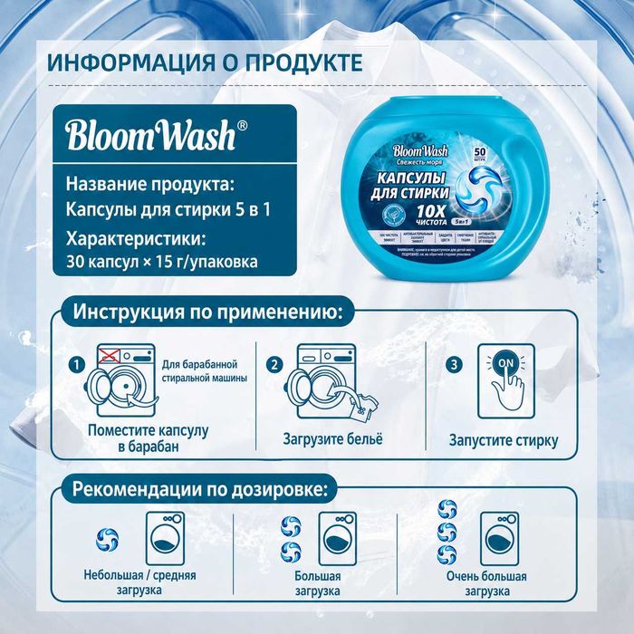 Капсулы BLOOM WASH 5 in 1 средство для стирке всех типов тканей