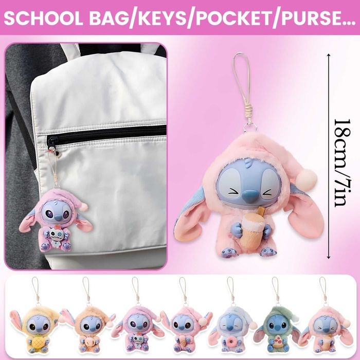 Labubu плюшена играчка Стич Лабубу, Плюшен ключодържател Стич