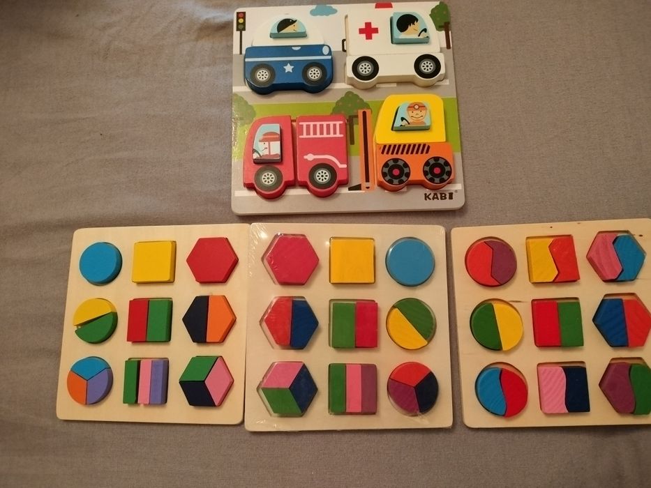 Puzzle incastru lemn forme geometrice și vehicule
