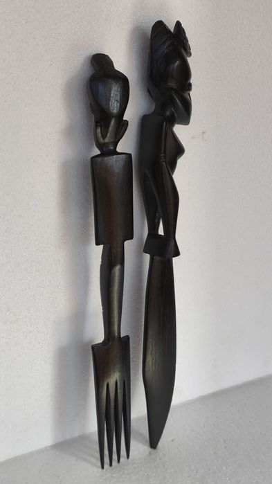 2 statuete sculptura abanos set rustic arta handmade figurine lemn
