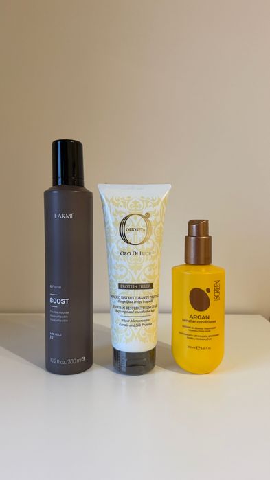 Пяна за коса за обем с лека фиксация,се усеща върху косата LAKME, филър за коса OLIOSETA, Ламеларен балсам с арган за блясък и копринен ефект