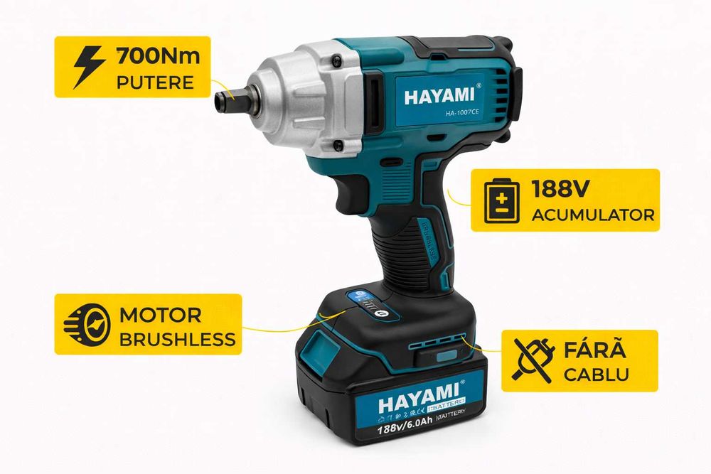 Cheie impact 700Nm HAYAMI 188V 2 acumulatori profesionala