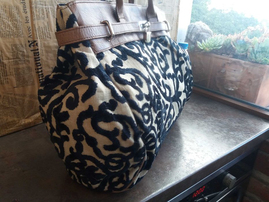 дамска чанта,голяма текстилна чанта с кожени дръжки-естествена кожа