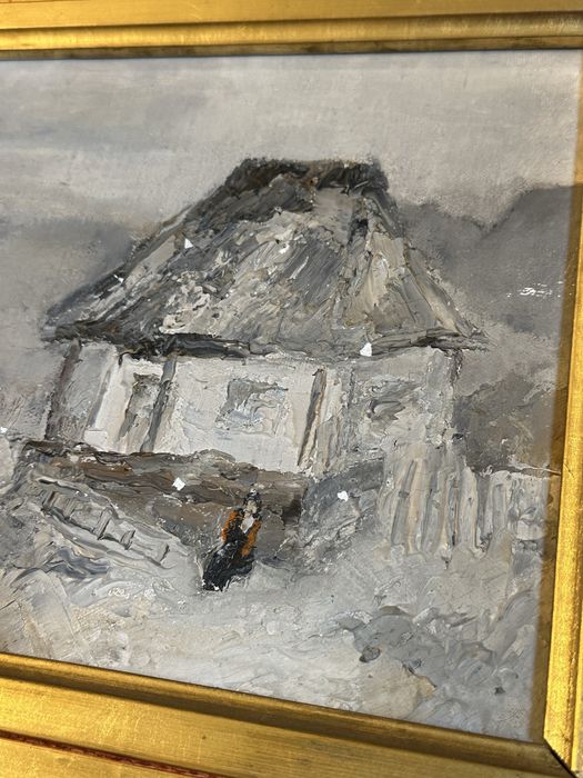 Tablou vechi ulei pe pânză peisaj iarna casa taraneasca rama aurie 36x41cm