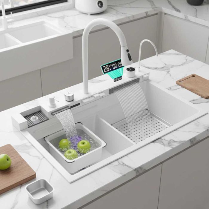 Умна кухненска мивка с изтеглящ се кран – LED дисплей, водопад и др