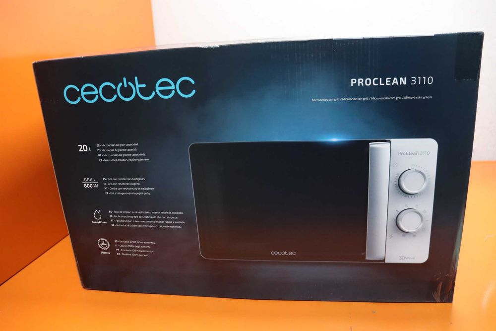 Микровълнова фурна Cecotec Proclean 3110 с плоска основа и грил 20 л Капацитет, 700 W, 6 регулируеми нива, грил 800 W